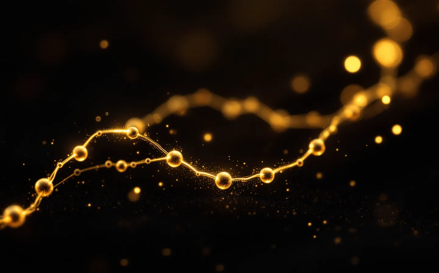 A cinematic dark obsidian hero plate with a champagne-gold abstract seven-bead peptide chain cradling a glowing molecular node and soft golden bokeh